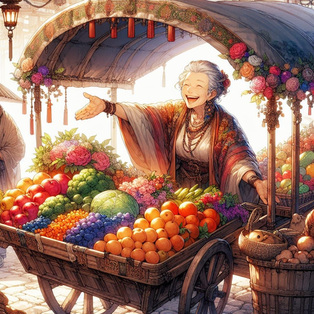 Elderly Hispanic Woman Vends Vibrant Harvest in Whimsical Fa...