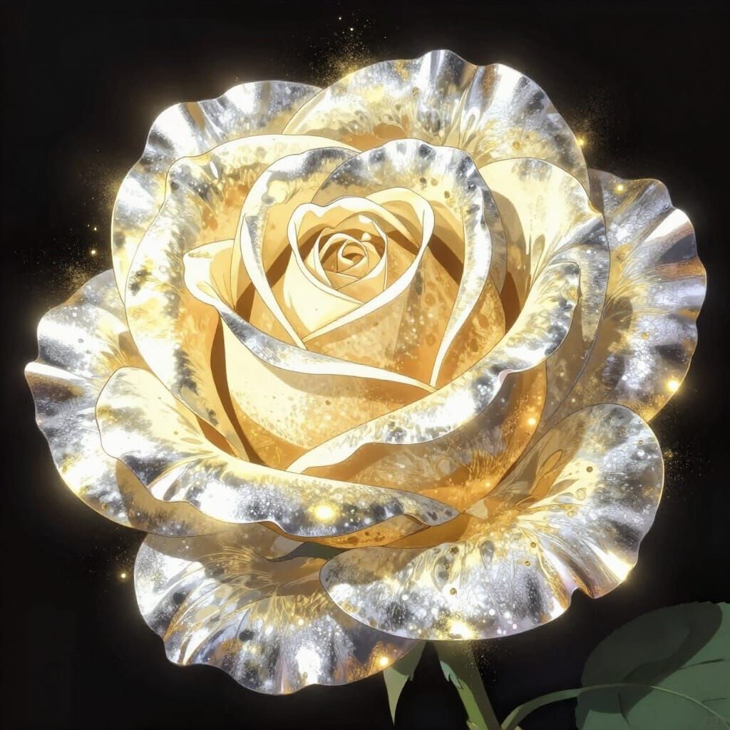 Ethereal Rose of Silver Gold Mist in Anime Style