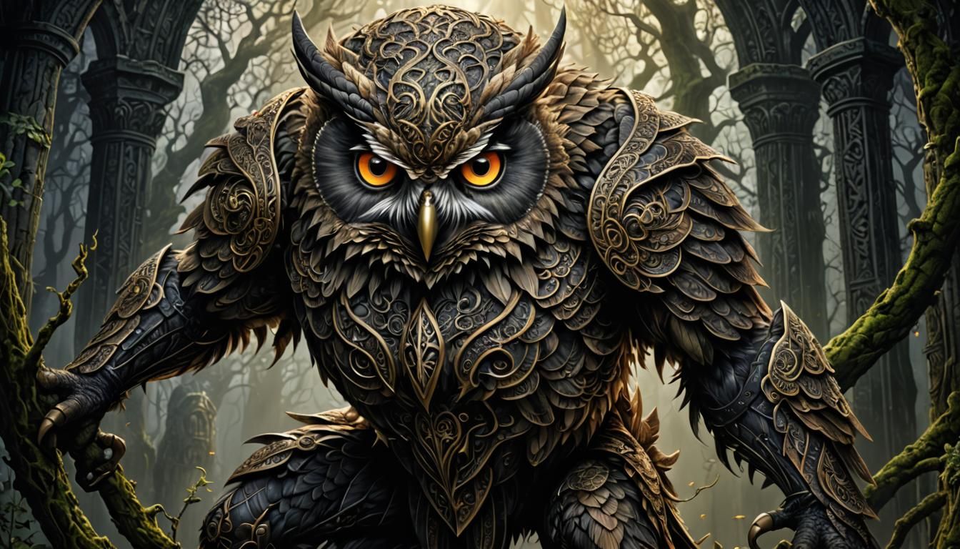 Anthropomorphic Owl Man in Misty Fairy Forest