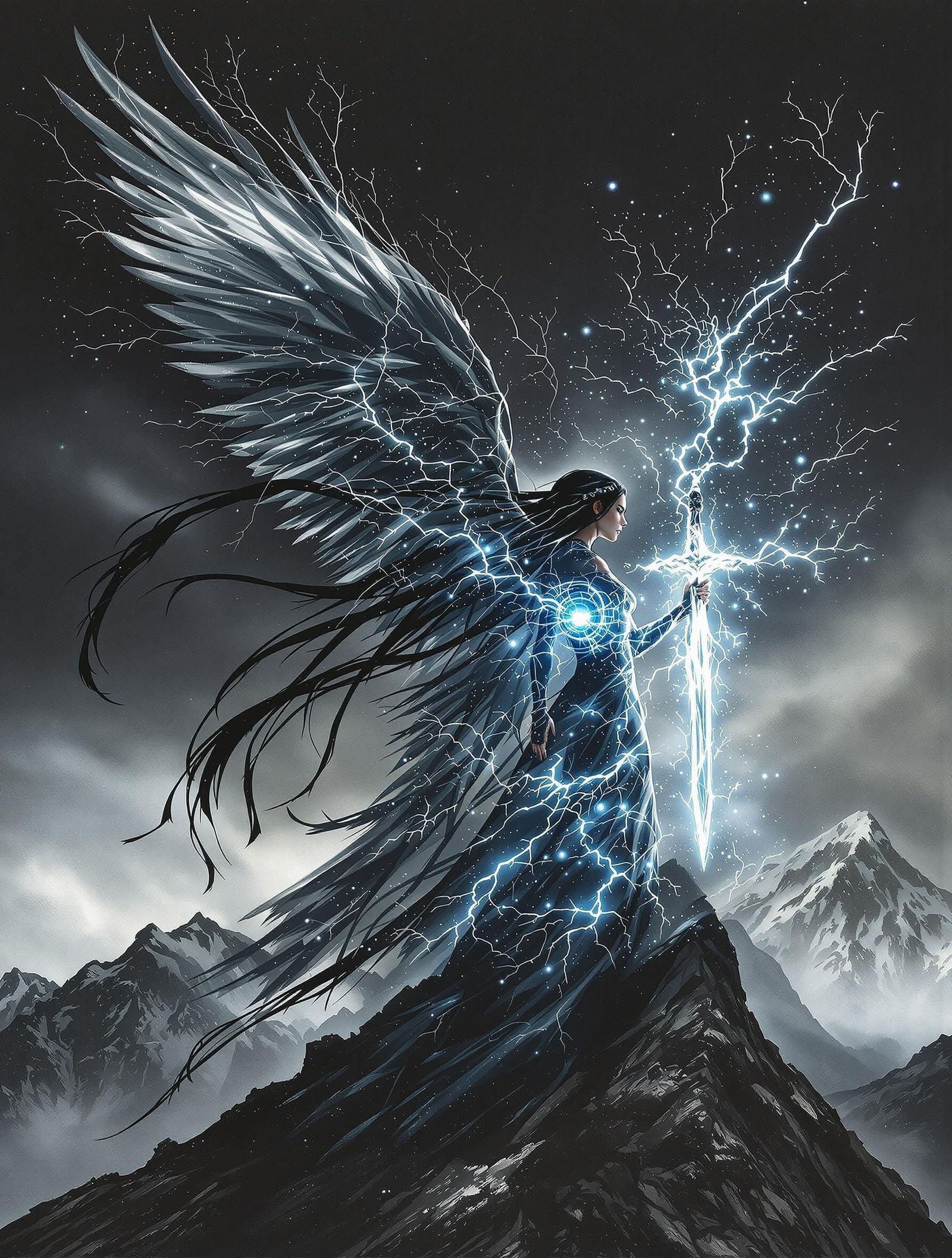 Indigenous American Fairy Soars in Stormy Digital Charcoal
