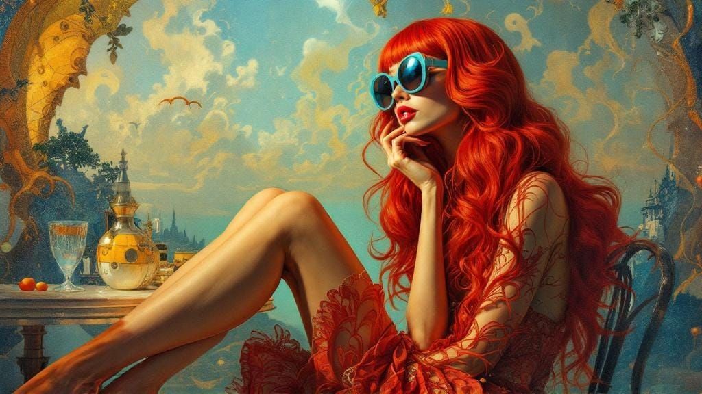 Surreal Woman with Fiery Hair at Cafe Table