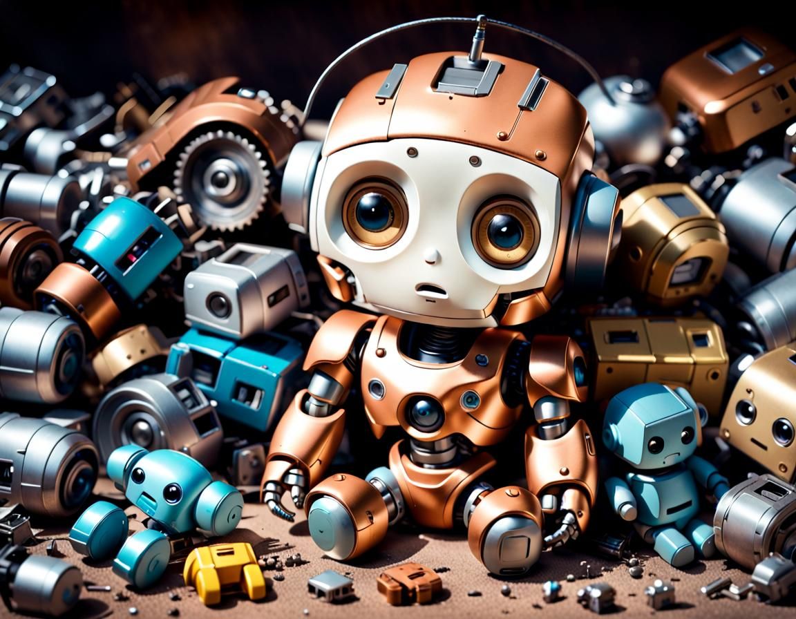 Sad Chibi Robot Toy Amid Shiny New Toys