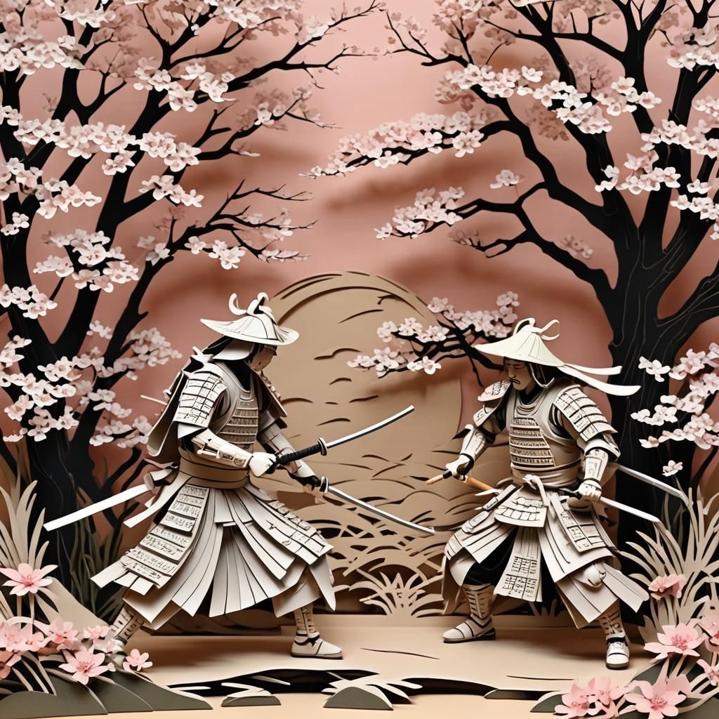 Samurai Duel in Kirigami Style with Cherry Blossoms