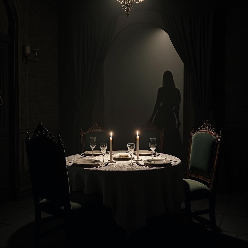 Gothic Dining Room with Vacant Chair in Beksiński Style