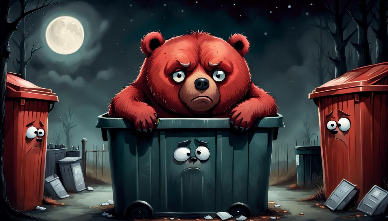 Frowning Red Bear in Bin, Big Wide Eyes