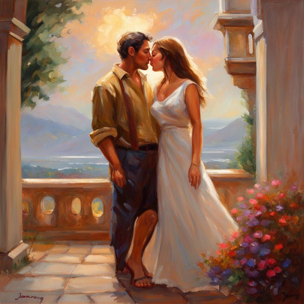 Romantic Couple Kissing as Oil Painting