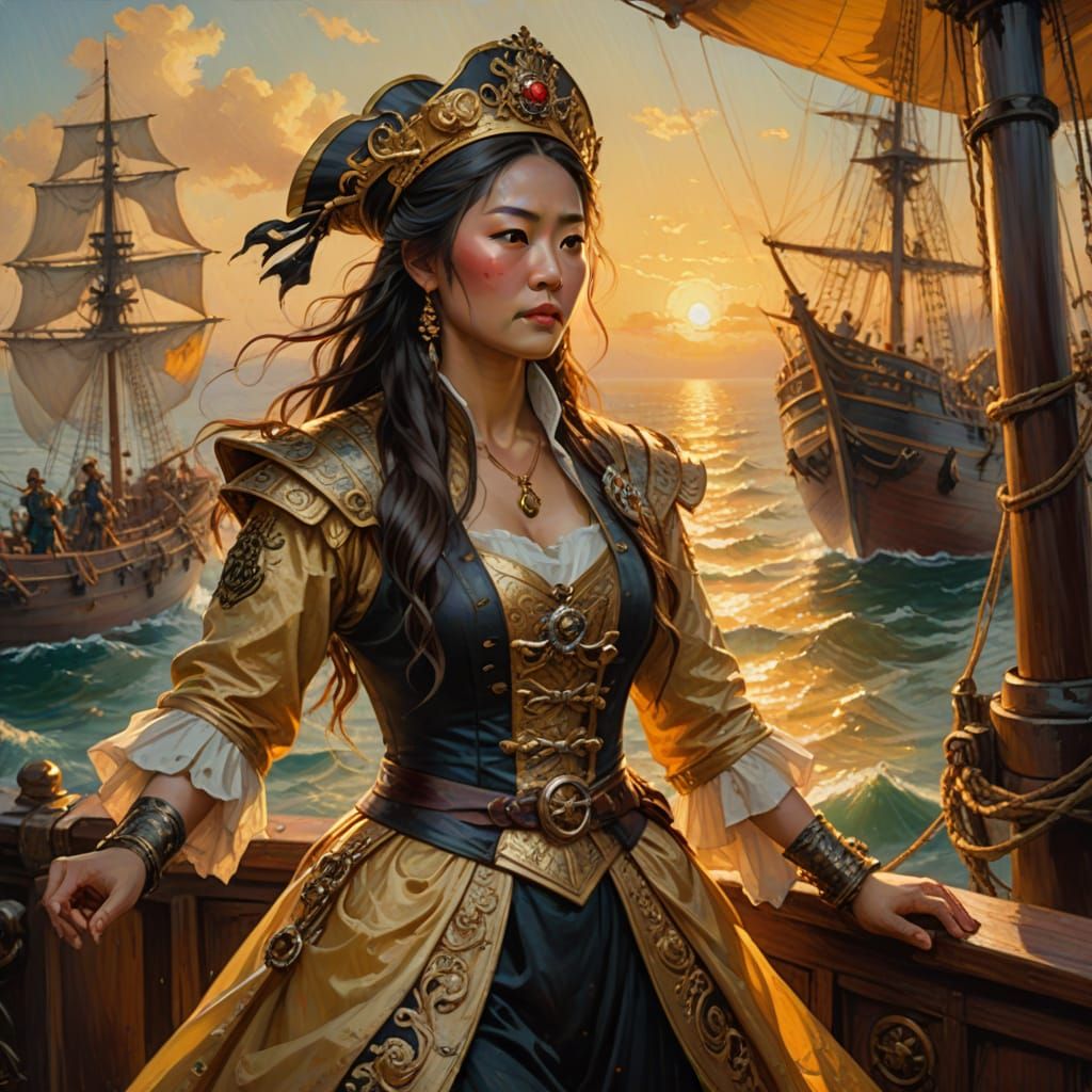 Chinese Queen of Pirates on Deck, Impressionist Oil Painting
