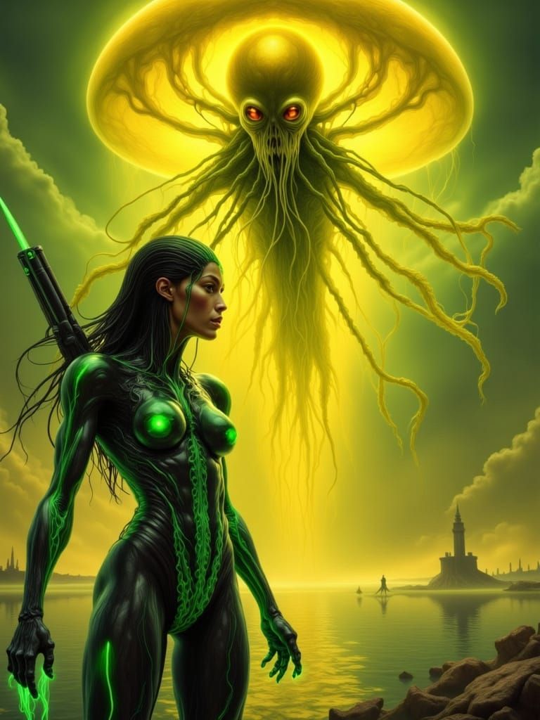 Woman vs Alien Invader in Sulfur Sky