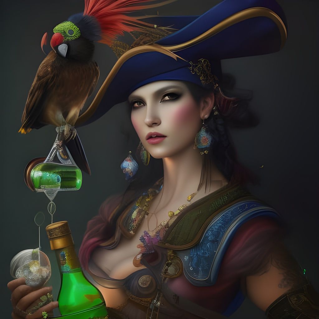 Pirate with Parrot and Rum, Fantasy Art