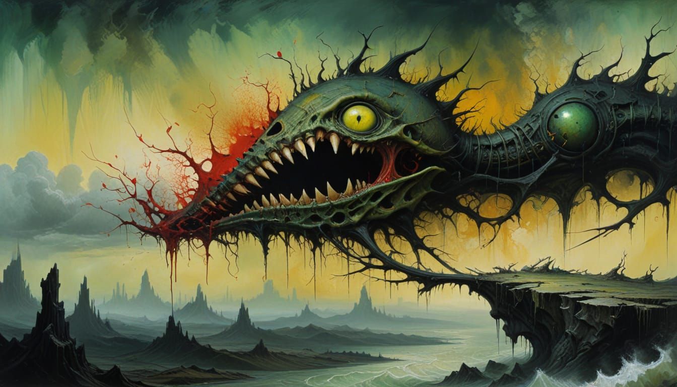 Surreal Biomechanical Demon Face in Oil Painting