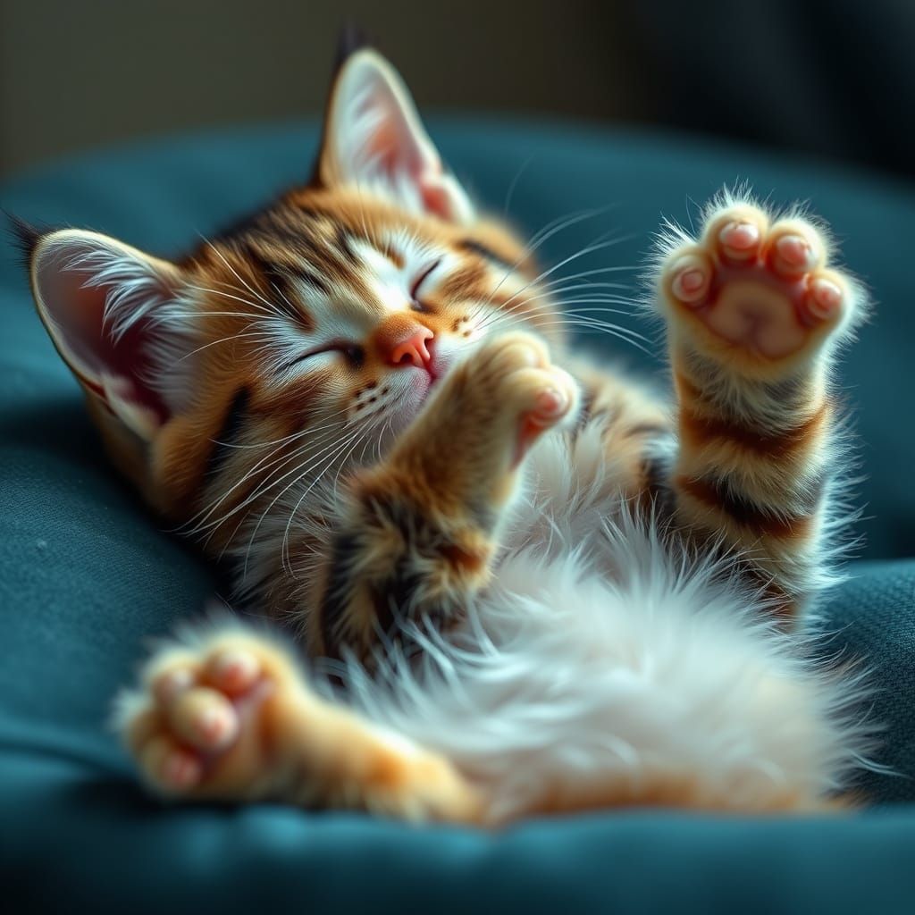 Hyperrealistic Kitten Sleeping, Paws in the Air