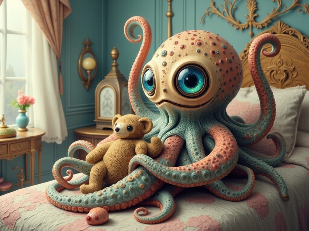 Whimsical Octopus in Antique Bed with Teddy Bear