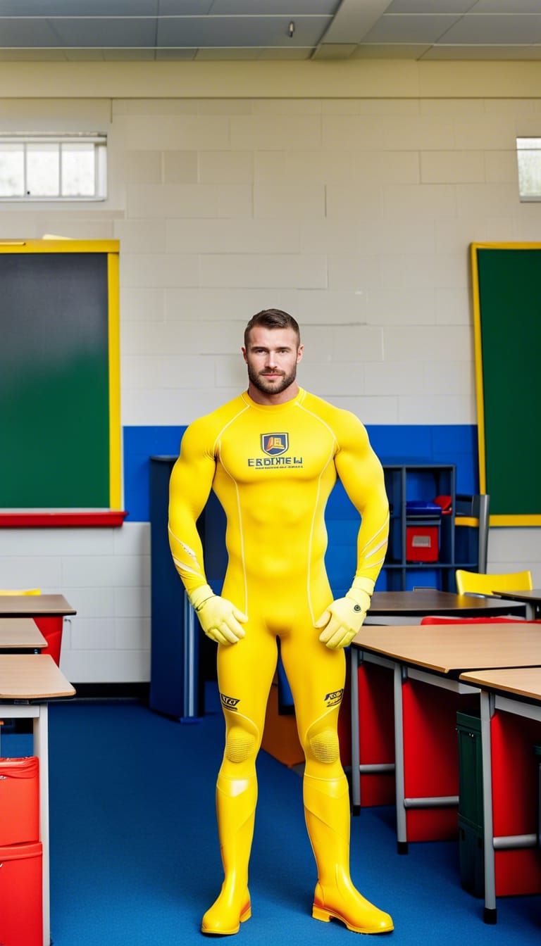 Handsome Man in Yellow Wetsuit in Classroom