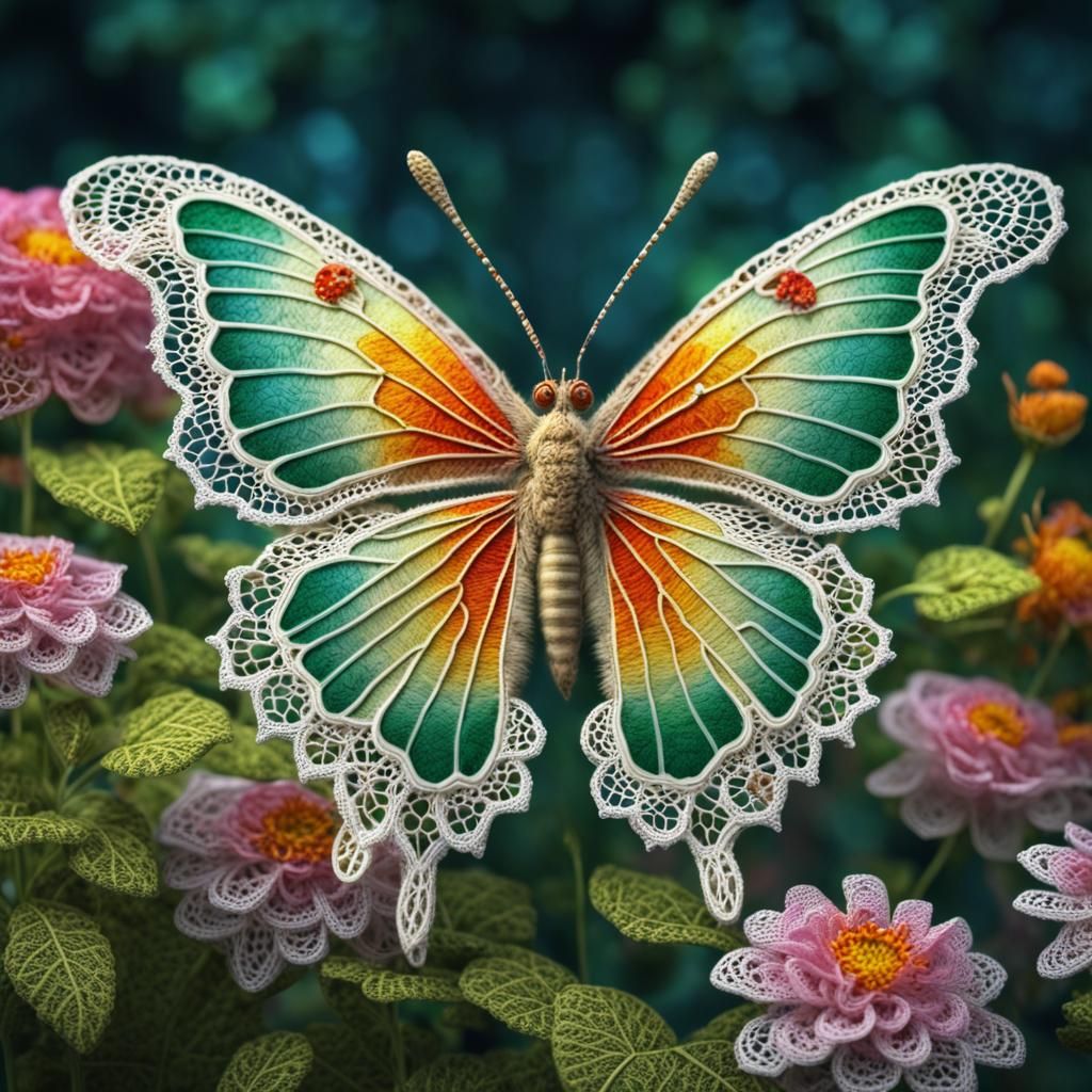 Irish Lace Butterfly Among Filigree Flowers