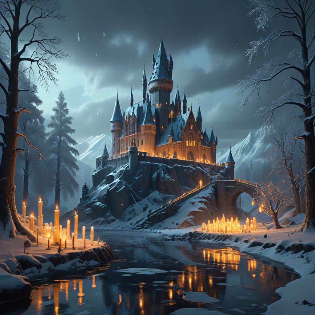 Surreal Winter Wonderland Scene with Hogwarts Castle and Fly...