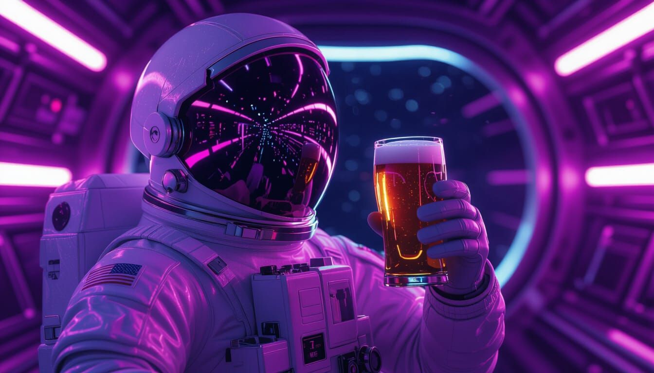 Astronaut Floats in Neon Space with Beer