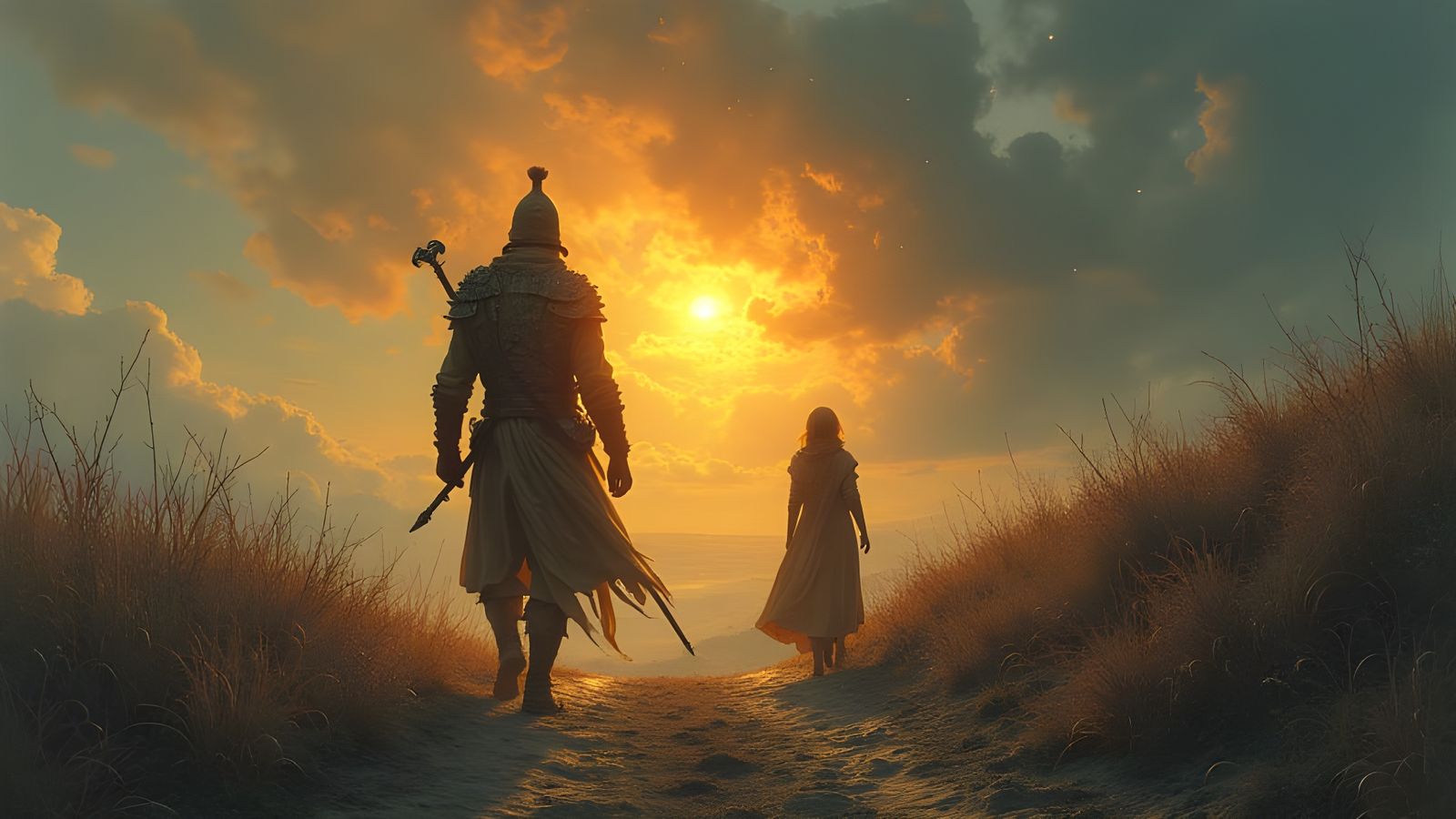 Warrior and Woman Traverse a Fractured World of Light and Sh...