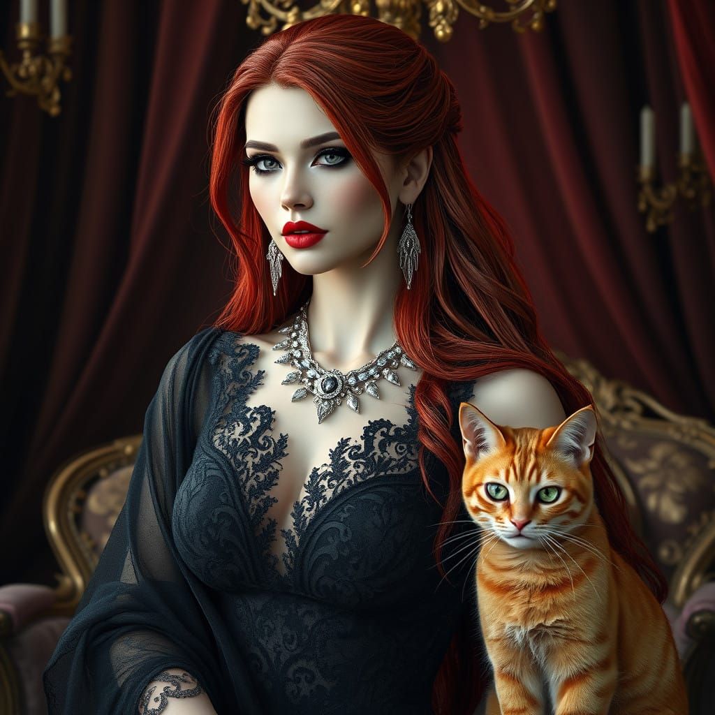 Elegant Goddess in Luxurious Boudoir with Regal Cat
