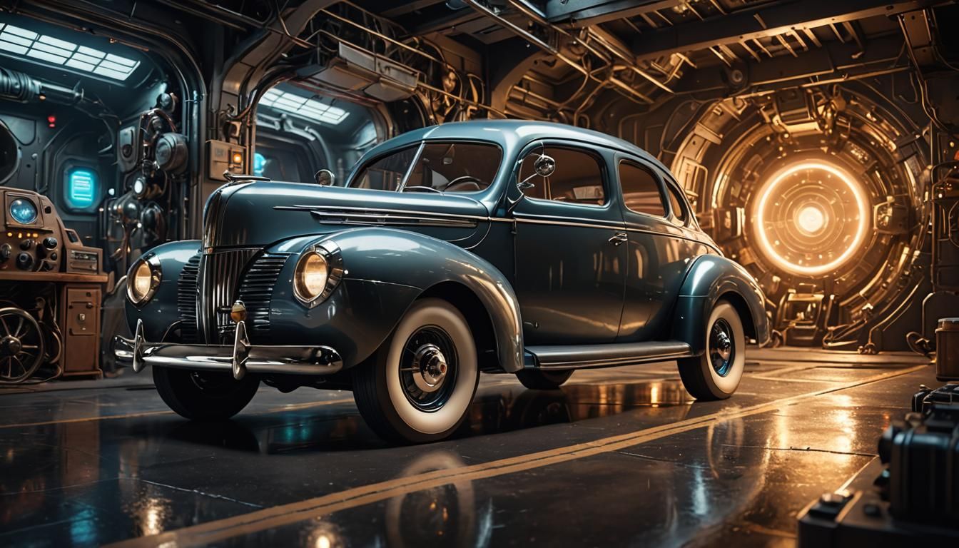 1940s Ford Spacecraft in Cyberpunk Style