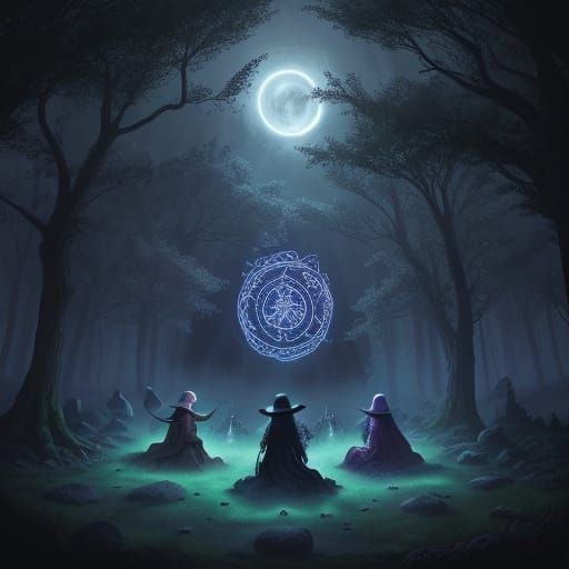 Witches Coven Around Glowing Cauldron in Enchanted Forest