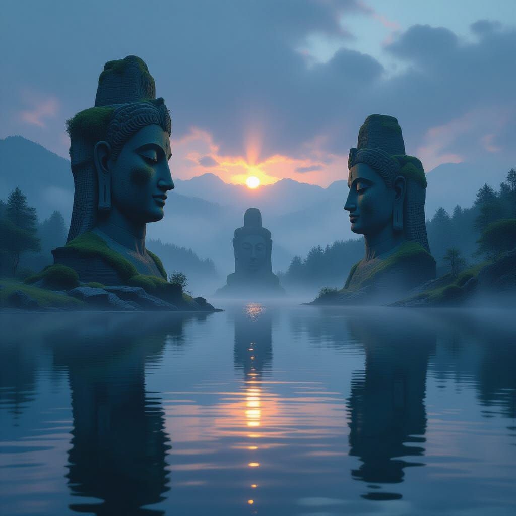 Colossal God Statues in Twilight Lake Digital Painting
