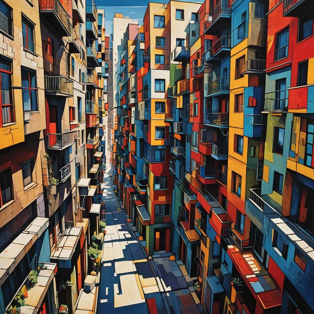 Vibrant Cubist City Scene with Geometric Shapes and Bright C...