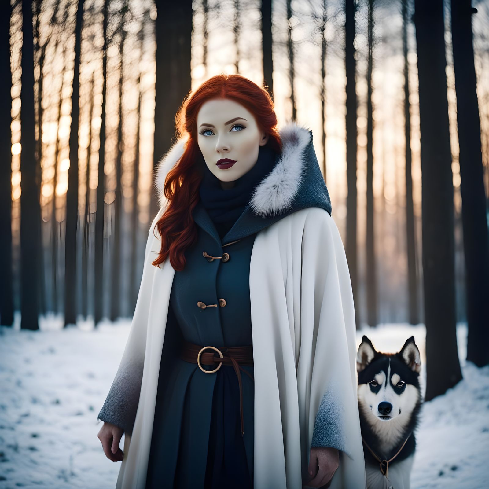 Red-Haired Woman with Huskies in Winter Landscape