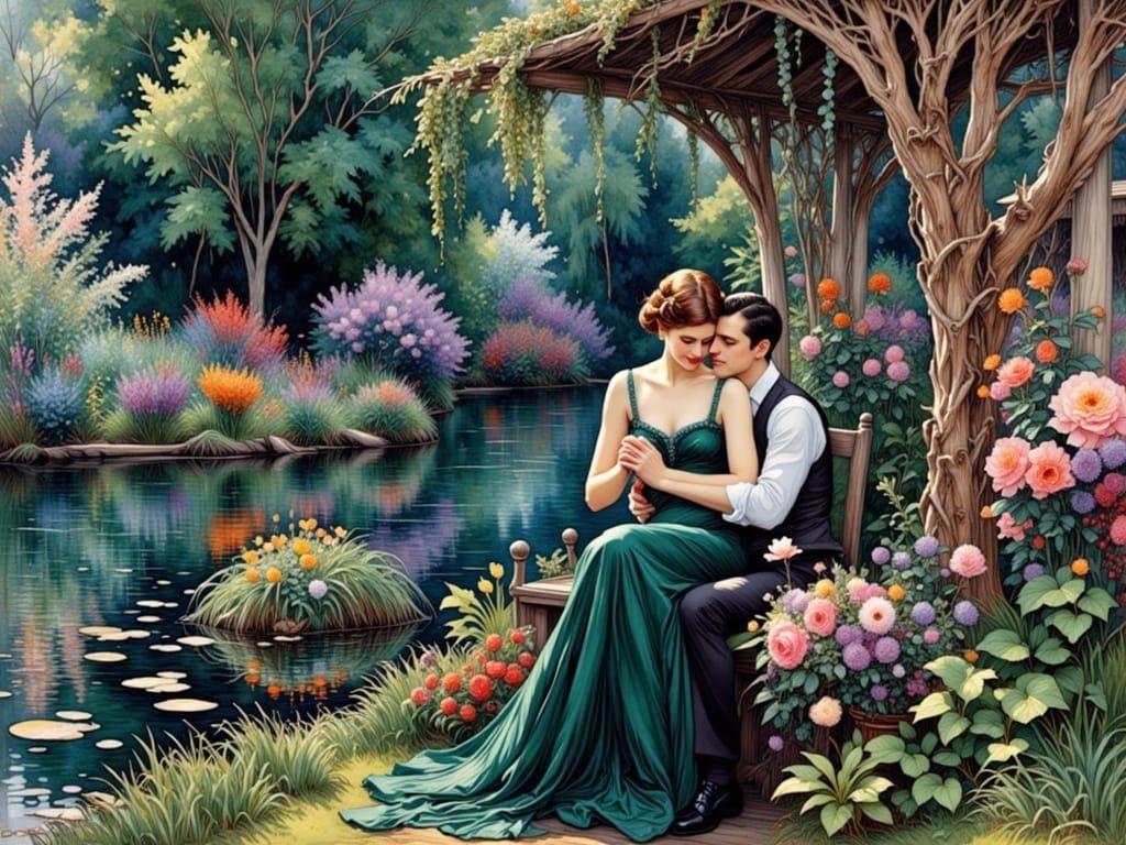 Lovers' Reunion in Impressionist Art Nouveau Style