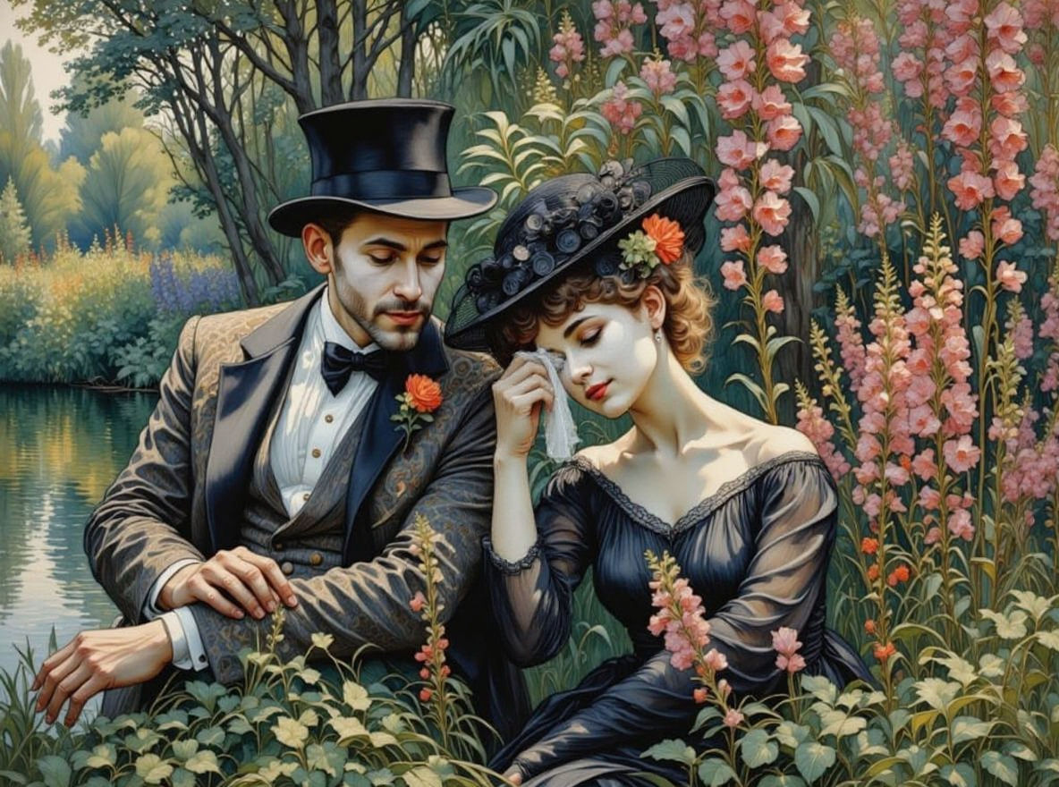 Embracing Couple by River in Impressionist Art Nouveau