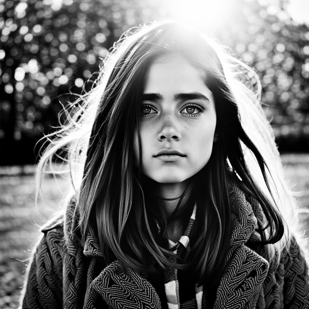 Black and White Portrait: Sun-Kissed Isolation