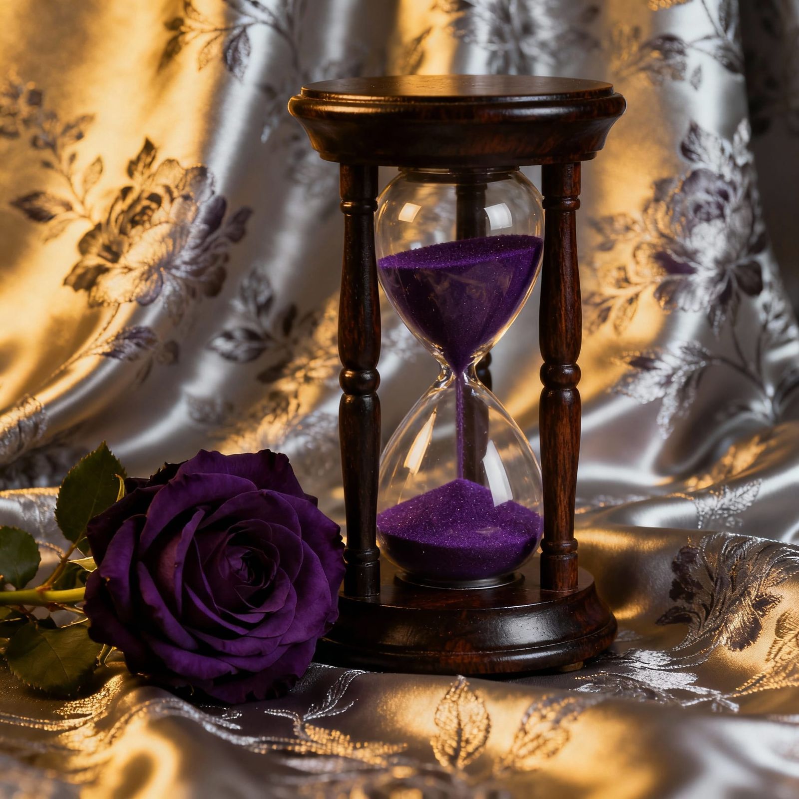 Dark Hourglass with Purple Sand on Silver Floral Silk