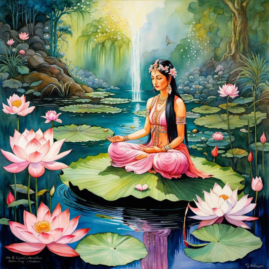 Hindi Goddess Meditating in Lotus Garden Watercolor