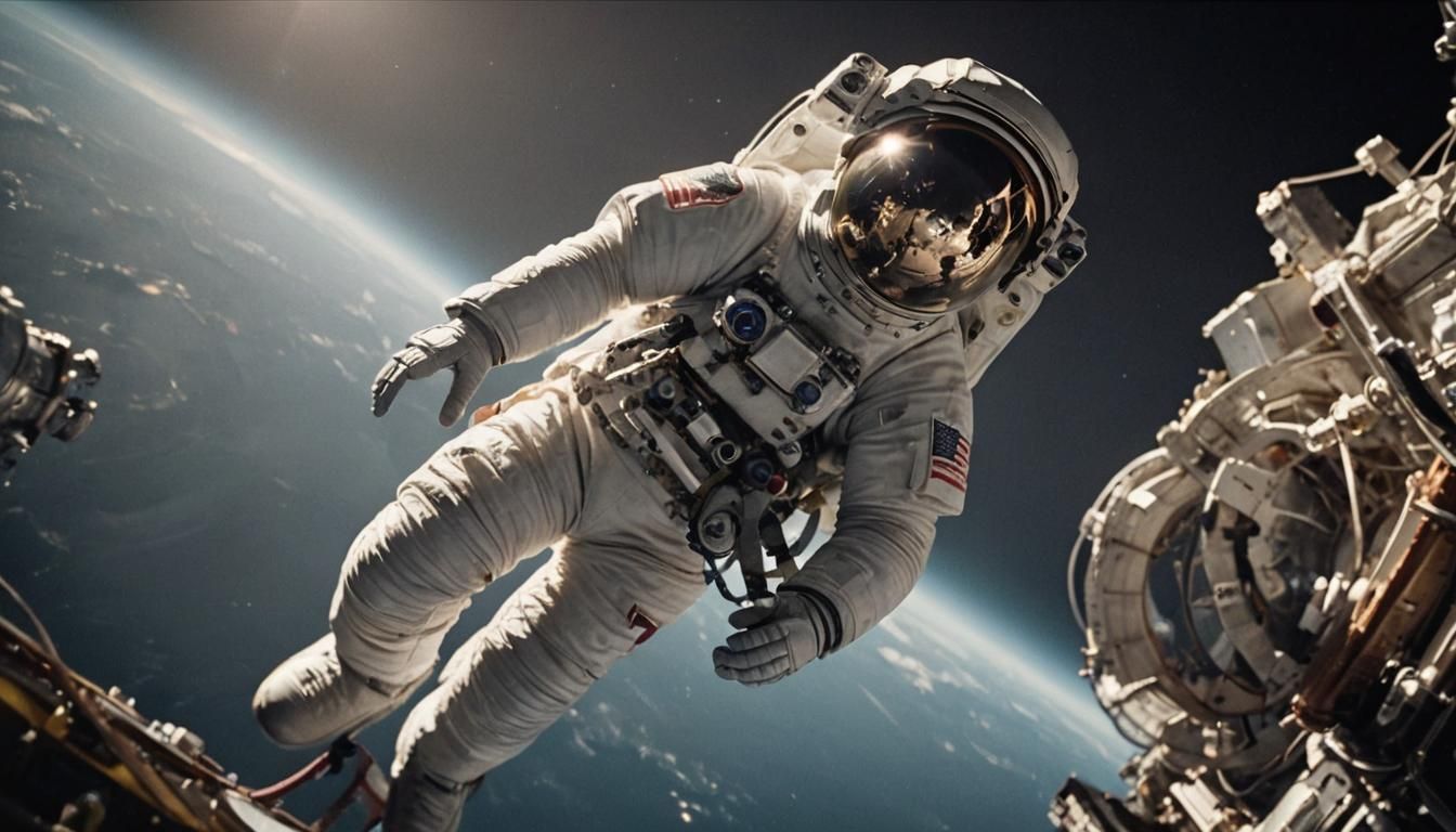 Astronaut Spacewalk at Night: Cinematic Film Still