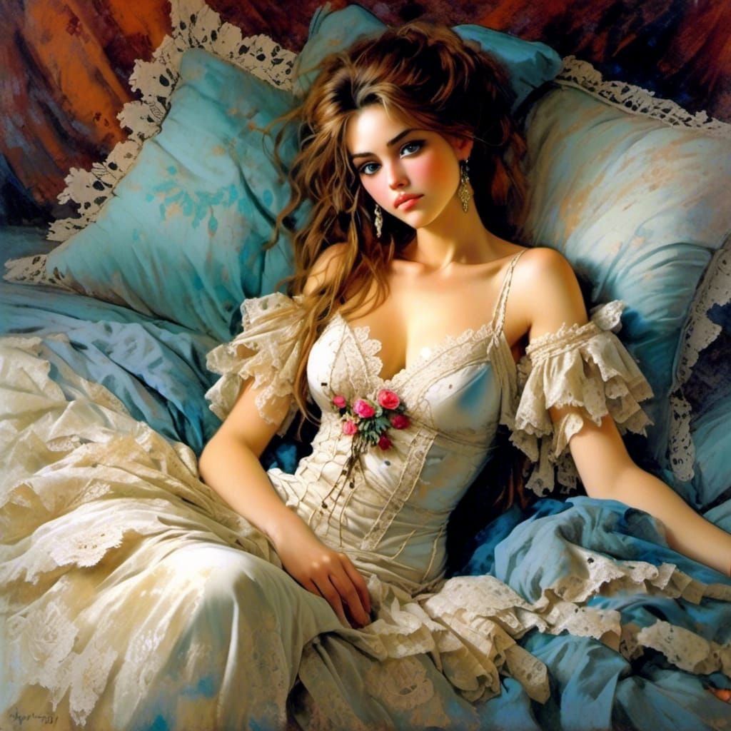 Boho Victorian Woman Lounging in Oil Painting
