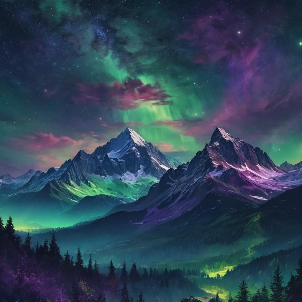 Cosmic Impressionism: Aurora Over Misty Mountains
