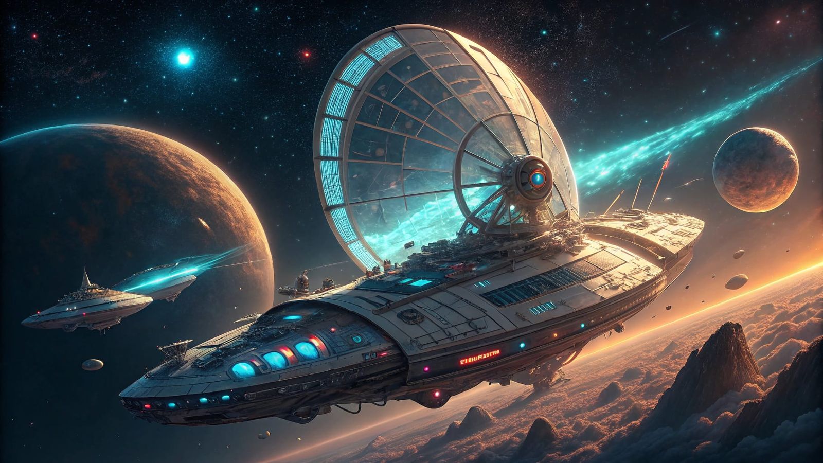 Sleek Spaceships Soar Through Cosmic Wonders in Cyberpunk St...