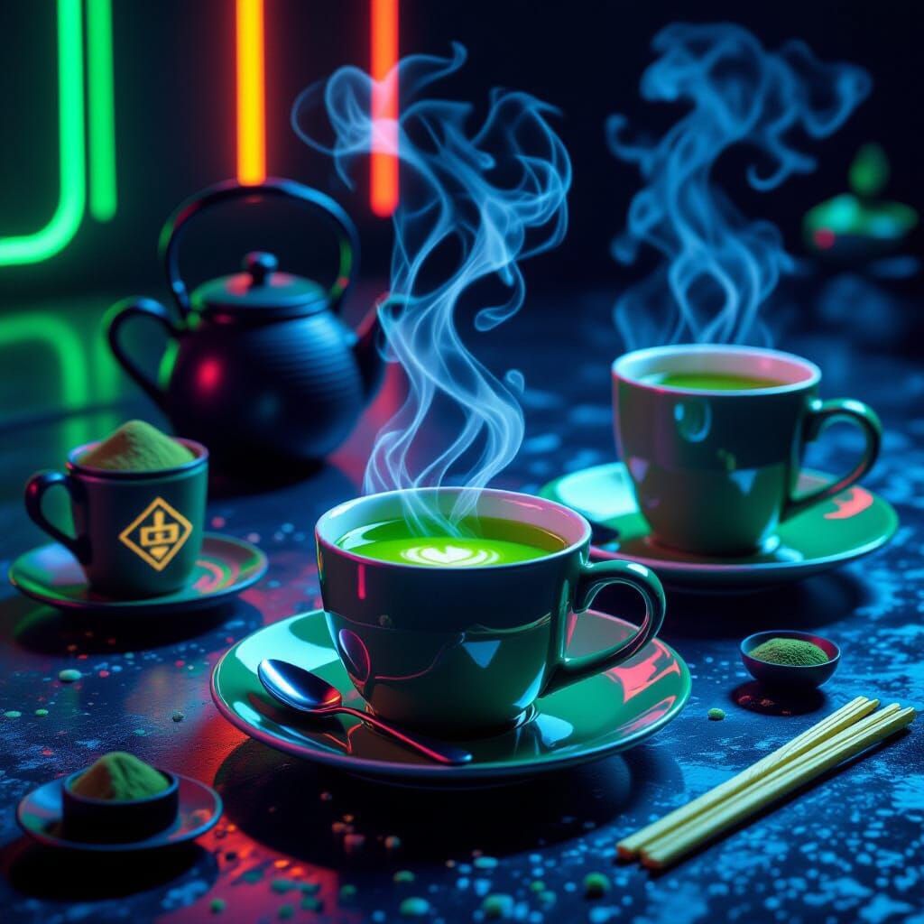 Neon Green Chocolate, Matcha, and Coffee in Futuristic Style