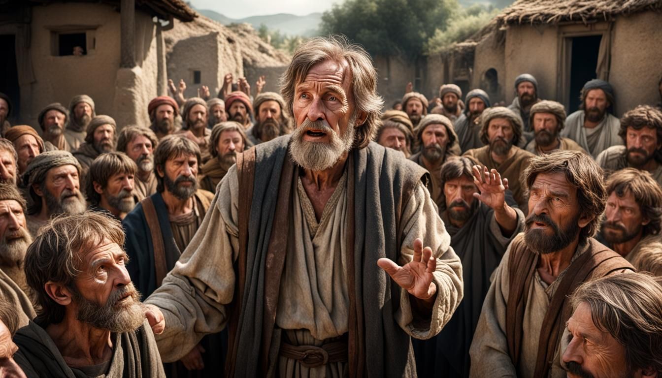 Biblical Orator Addresses Crowd in Ancient Village