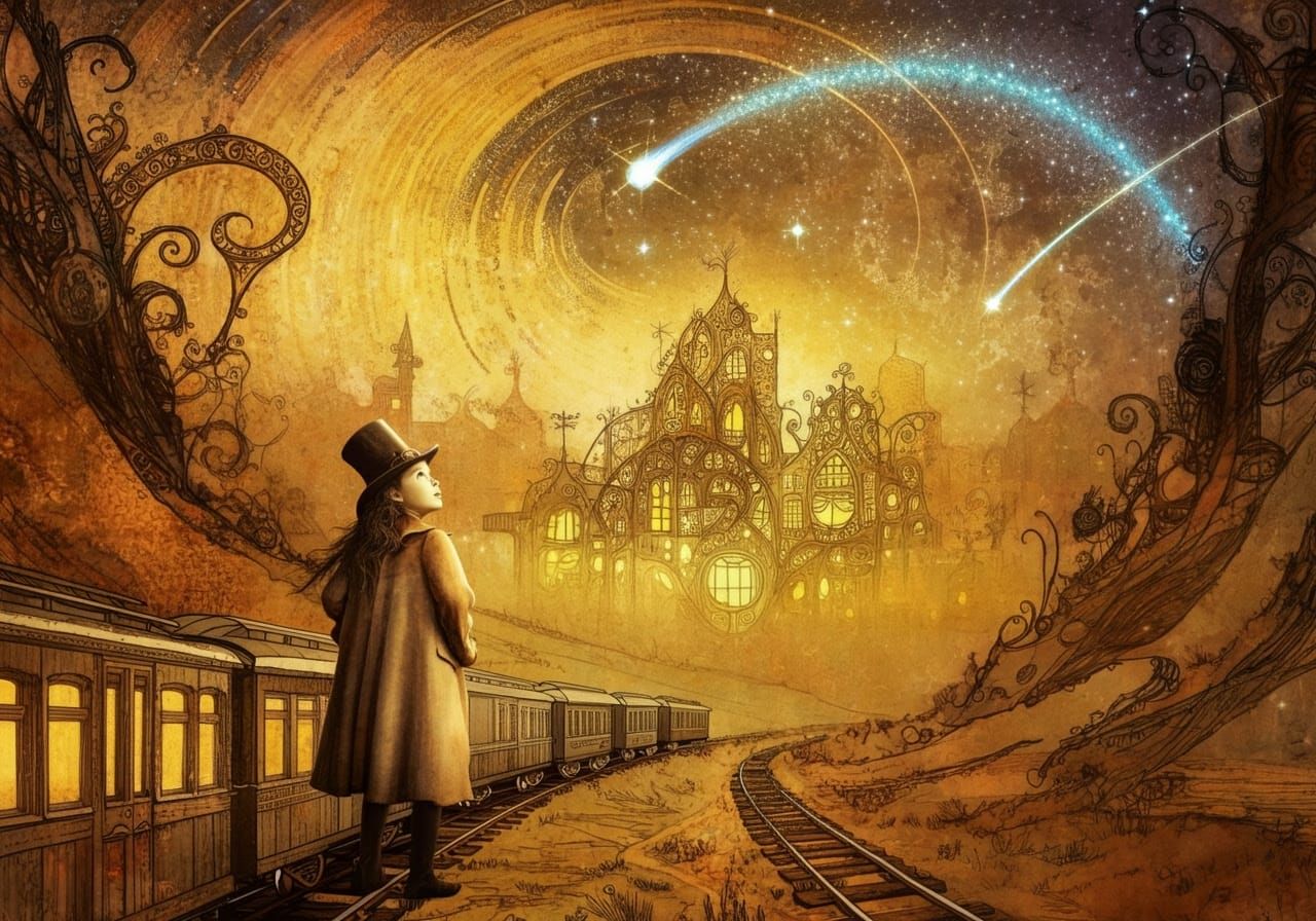Whimsical Western Steampunk Night Sky with Train and Town