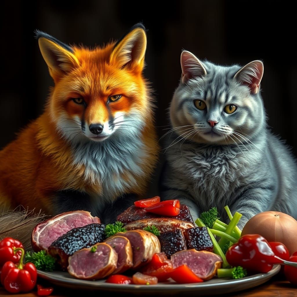 Fox and Cat Sharing Food in Hyperrealistic Style