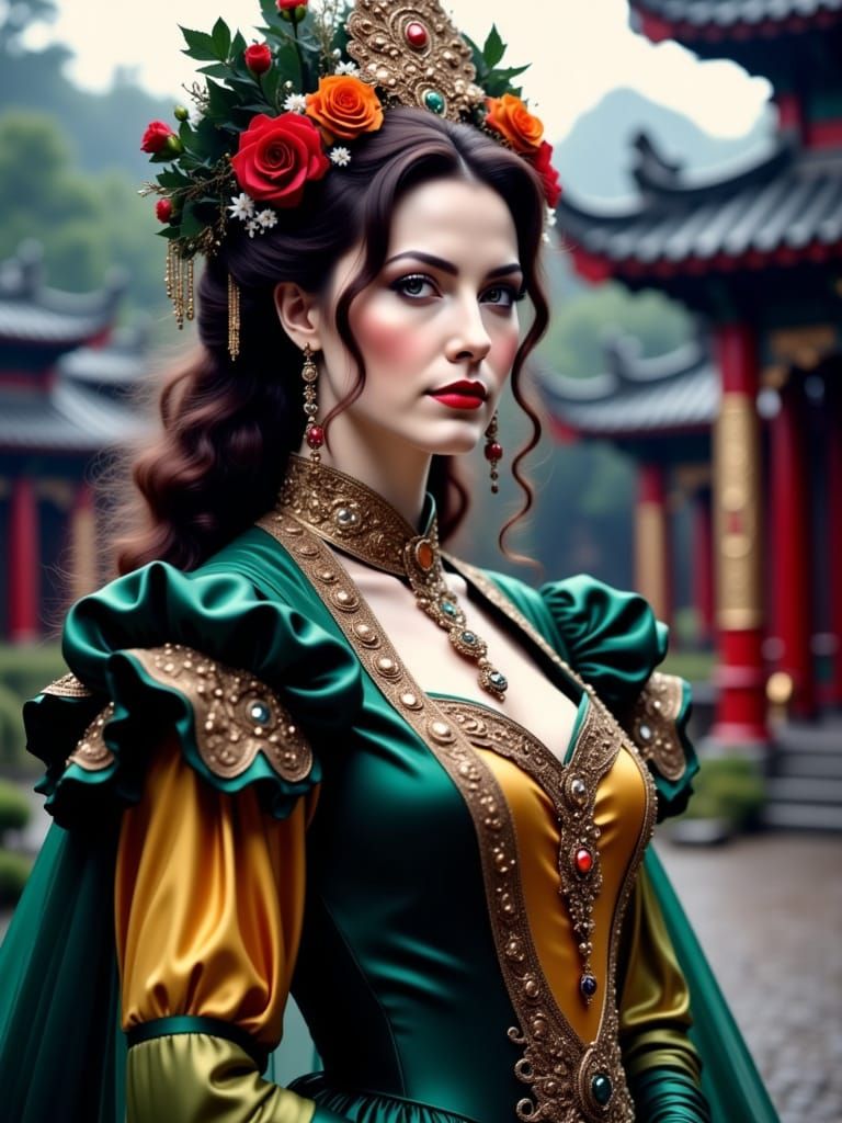 Chinese Witch Sauvanne in Yellow and Green Gown