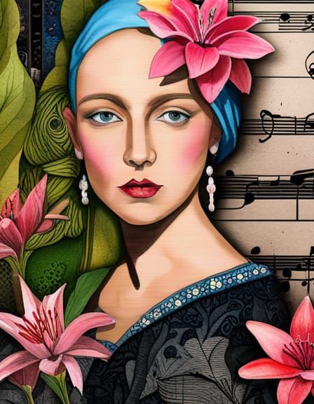 Mixed Media Collage Portrait with Lilies