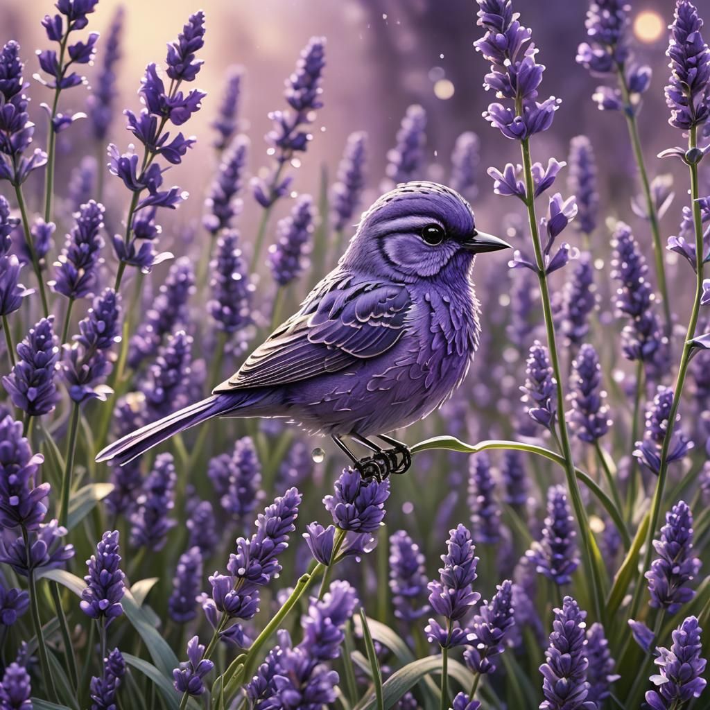 Translucent Bird on Lavender in 3D Garden