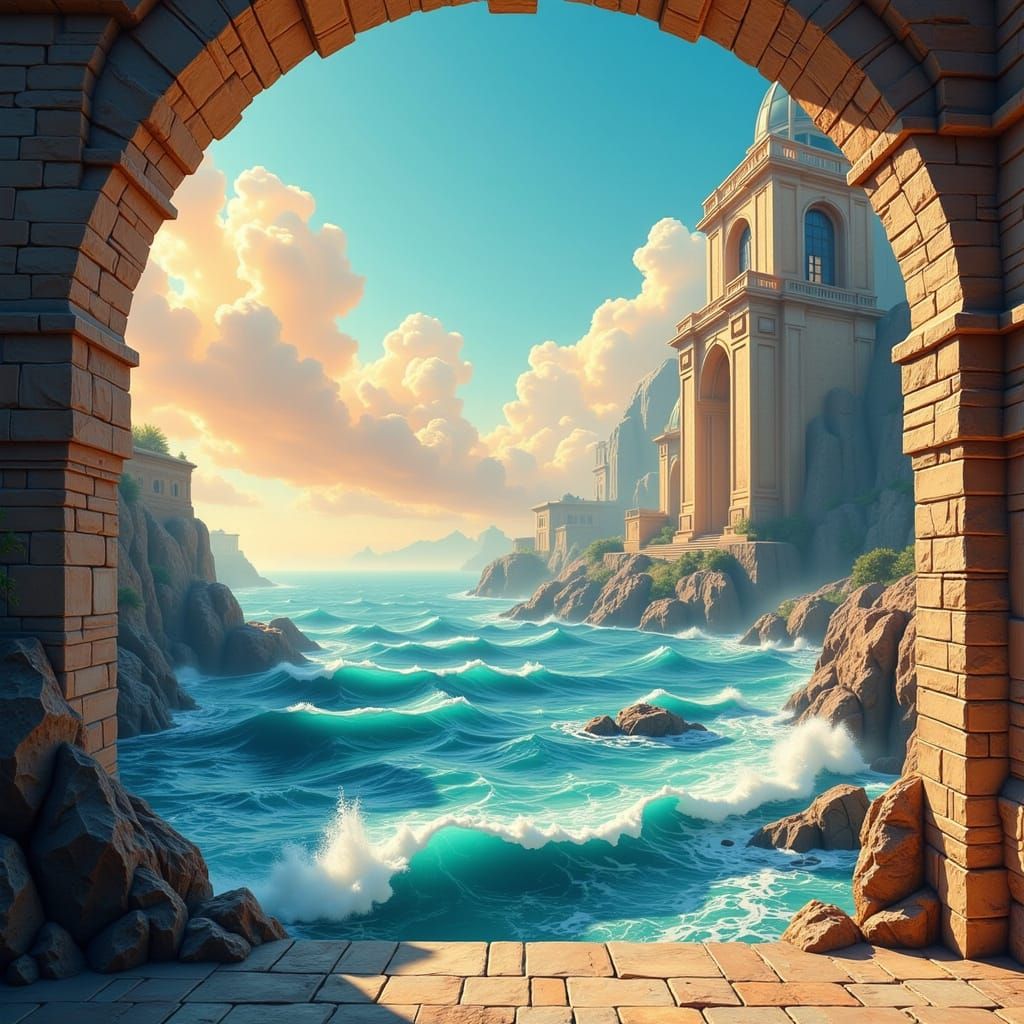 Art Deco Mural of a Serene Sea View