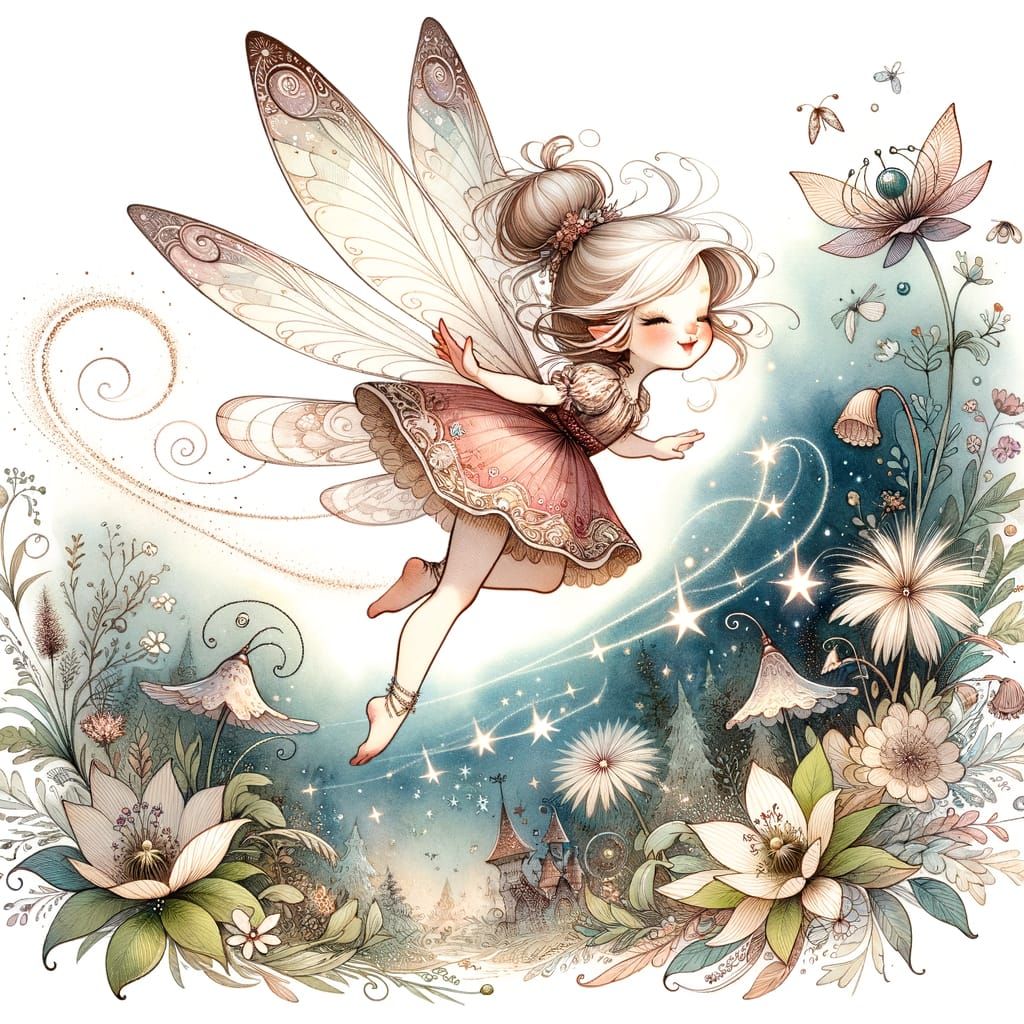 Whimsical Fairy Flight in Cartoon Watercolor Style
