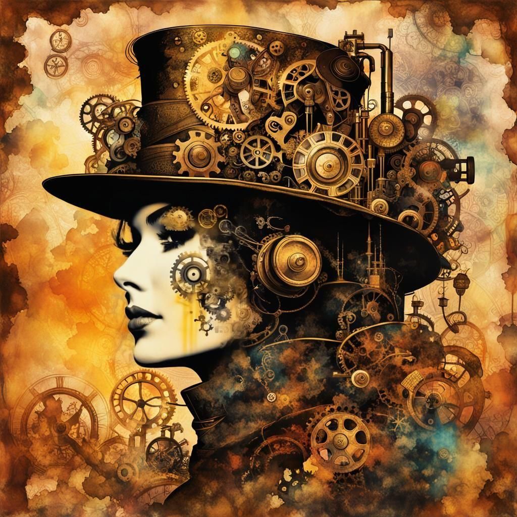 Steampunk Cyber Princess Silhouette in Ink Style