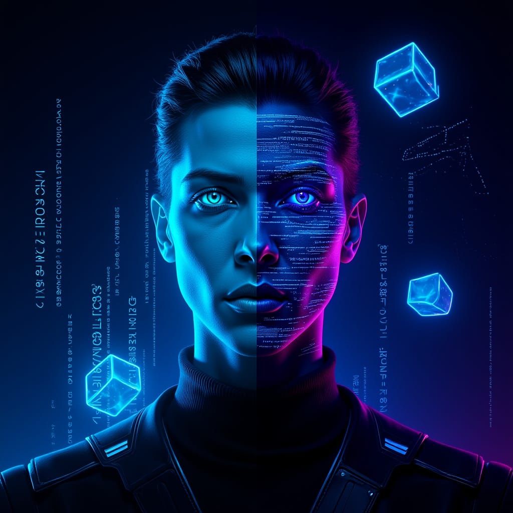 Glitched Humanoid Face in Cyberpunk Digital World