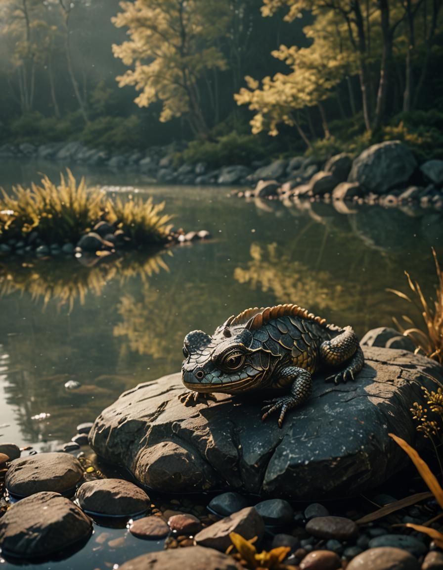 Scaled Creature in Misty Lake: Cinematic Film Still
