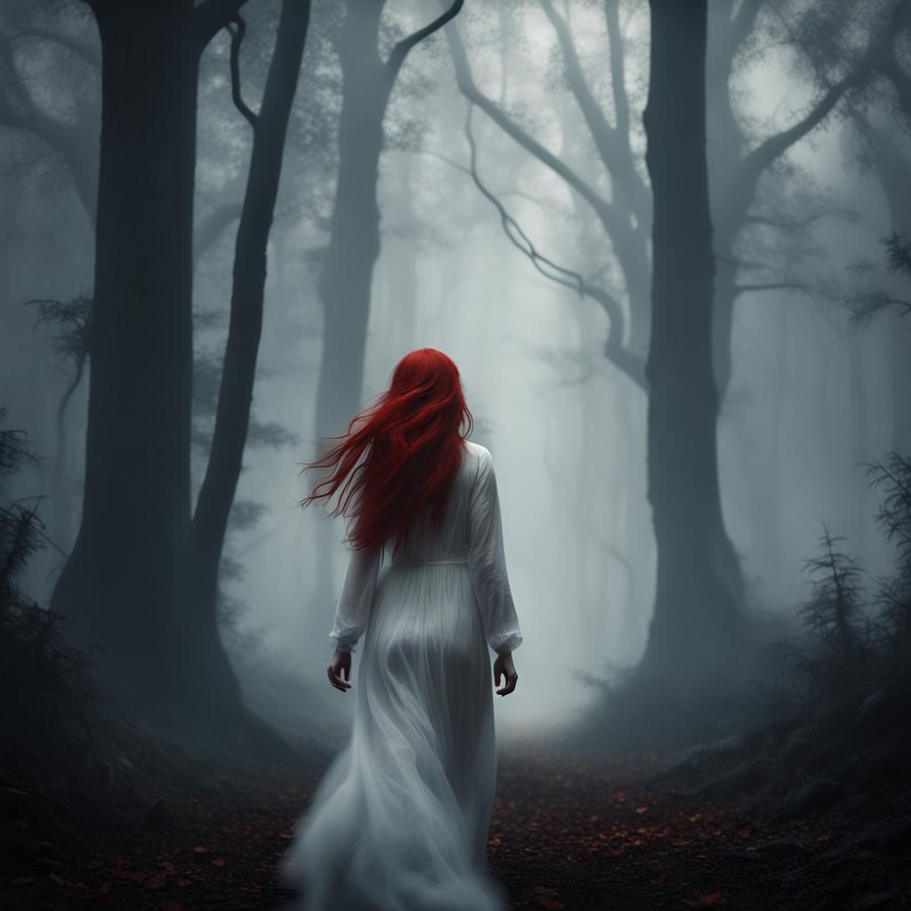 Worried Woman Walks Through Dark Forest