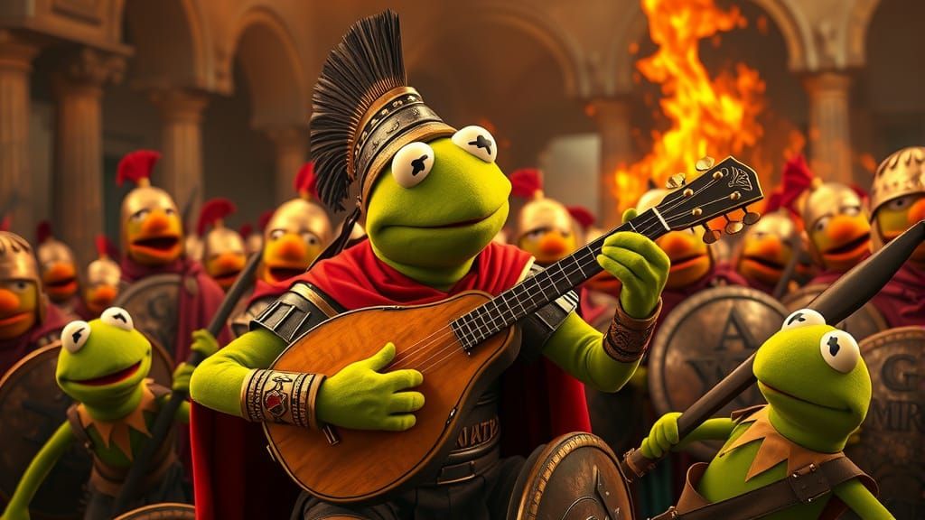Kermit playing Nero, playing his lute while Rome burns in An...